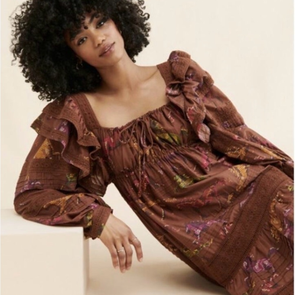 FARM Rio Brown Floral Ruffle-Sleeve Mini Dress - Picture 2 of 6